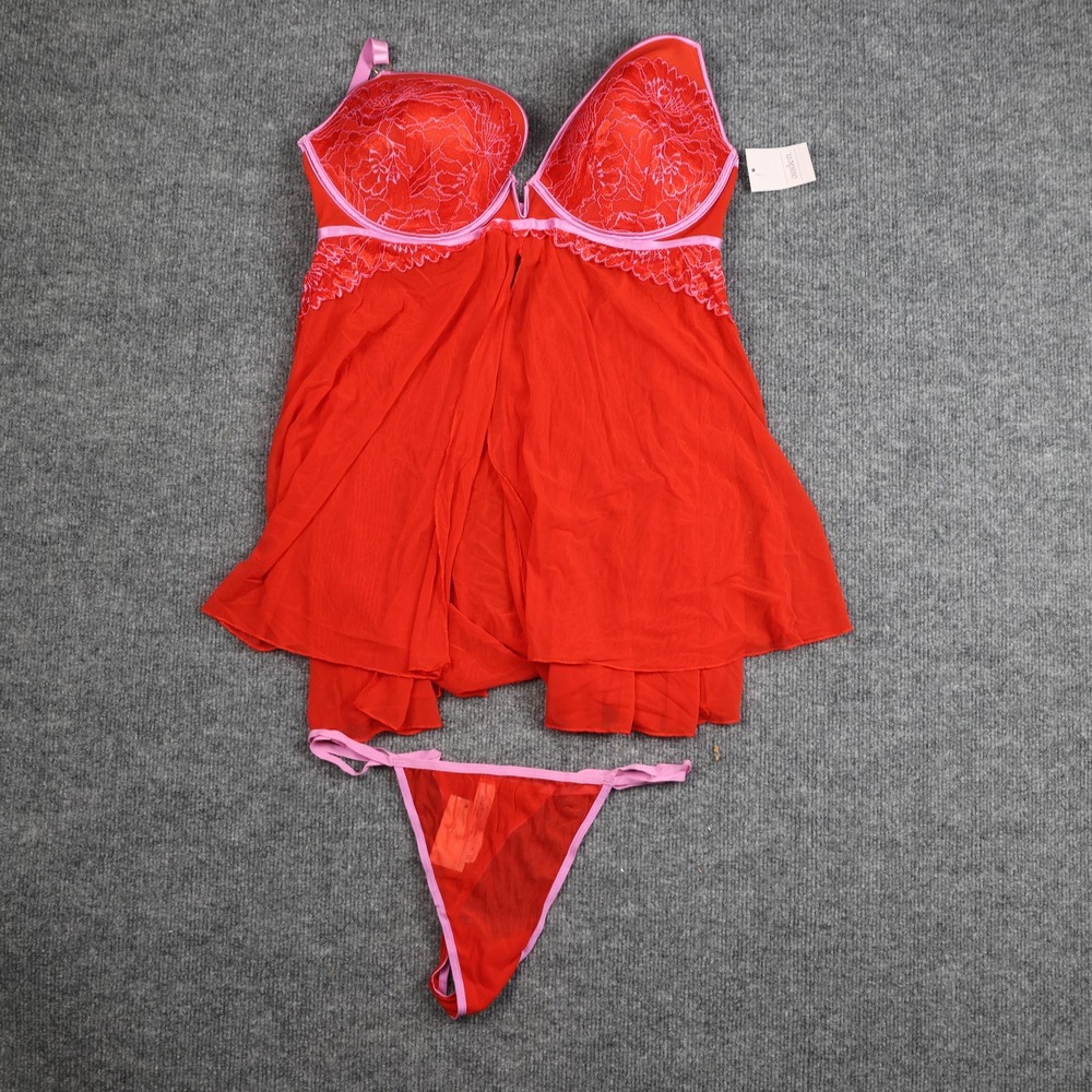 Auden Babydoll Lingerie Set Womens XL Red Pink Lace Underwire Thong Sleepwear